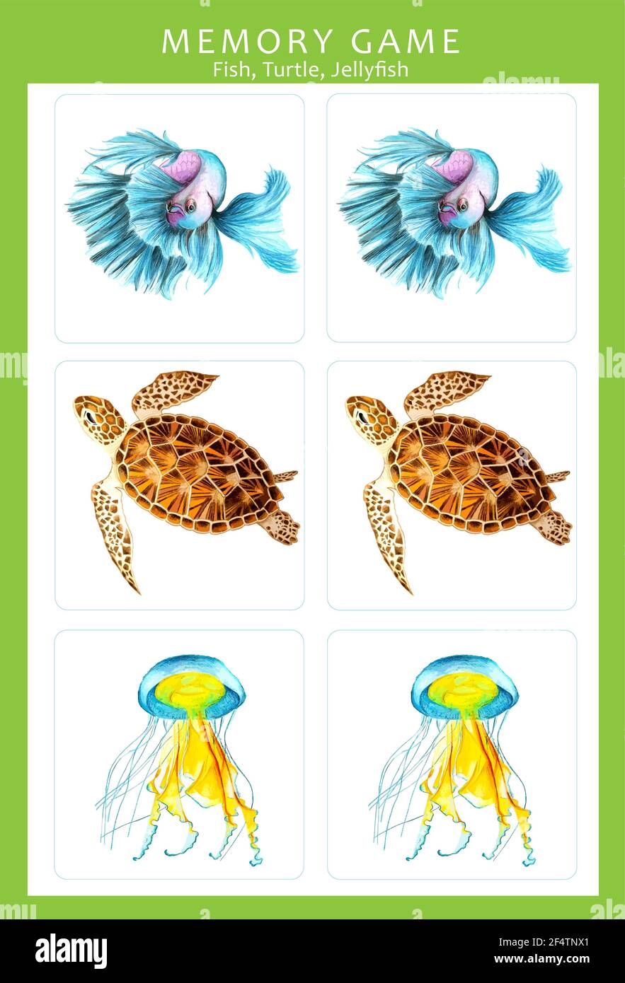 Memory-Spiel mit handgezeichneten Aquarell-Illustrationen von bunten Tieren. Kinder spielen Karten Tischspiel. Schneiden und spielen, finden Sie zwei identische Bilder. Stock Vektor