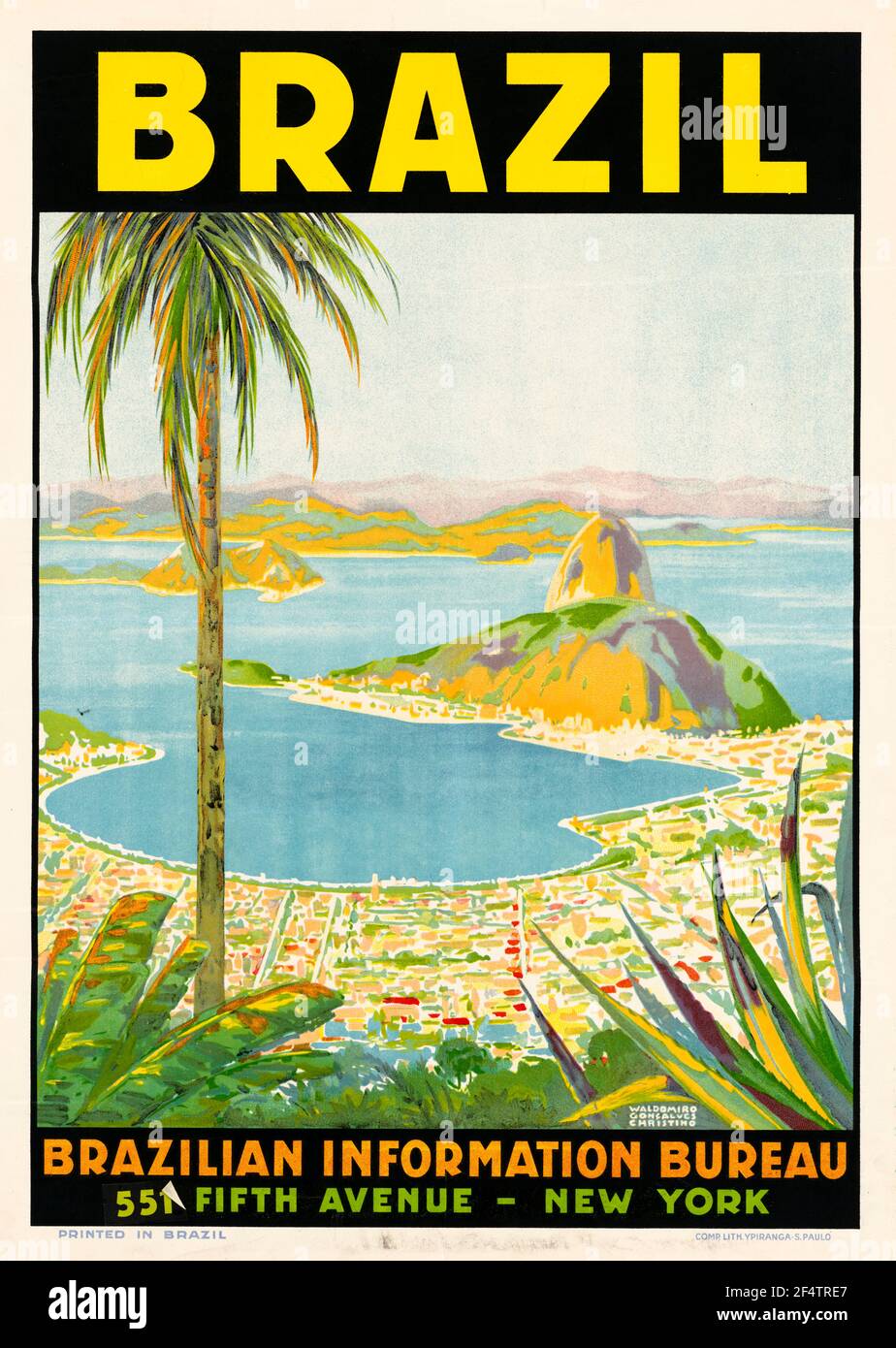 Vintage Reiseplakat, Brasilien, Zuckerhut, Rio de Janeiro, 1942-1945 Stockfoto