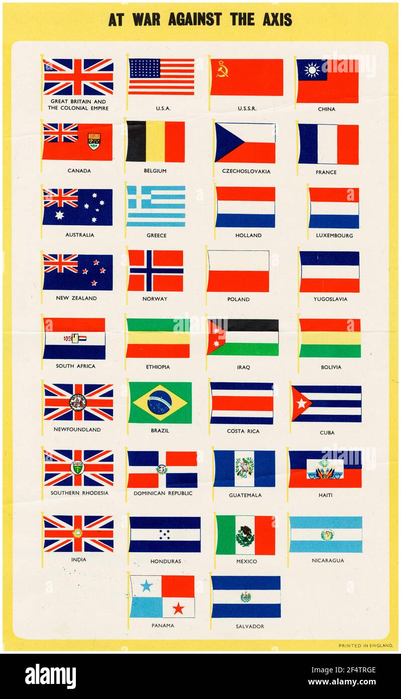 Britisch, WW2 Motivationsposter, AT war Against the Axis (Flaggen der alliierten Nationen), 1942-1945 Stockfoto