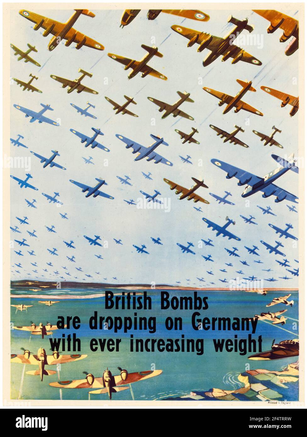 WW2, britische Bomben fallen mit immer zunehmendem Gewicht auf Deutschland (Bomber Aircraft on Bombing RAID), Motivationsplakat, 1942-1945 Stockfoto