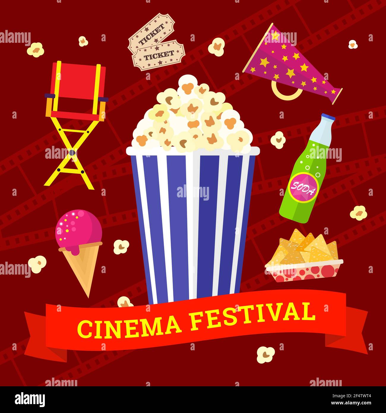 Vector flache Film-Elemente mit Popcorn, Getränk, Snacks und Eis. Konzept Kino. Stock Vektor