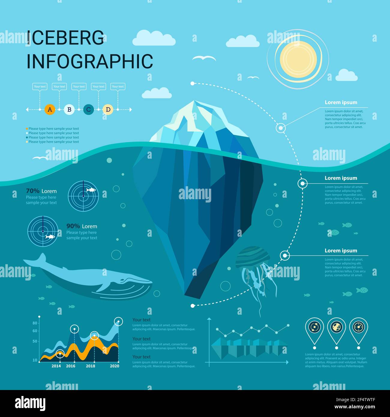 Eisberg-Infografiken mit Eis, Wasser, Meer, Grafiken und Templates. Unterwasser-Infografiken Stock Vektor