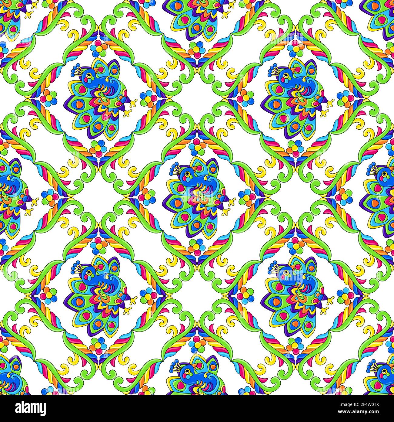 Mexikanisches talavera Nahtloses Muster mit tropischen Pfauen. Traditionelle dekorative Objekte. Stock Vektor
