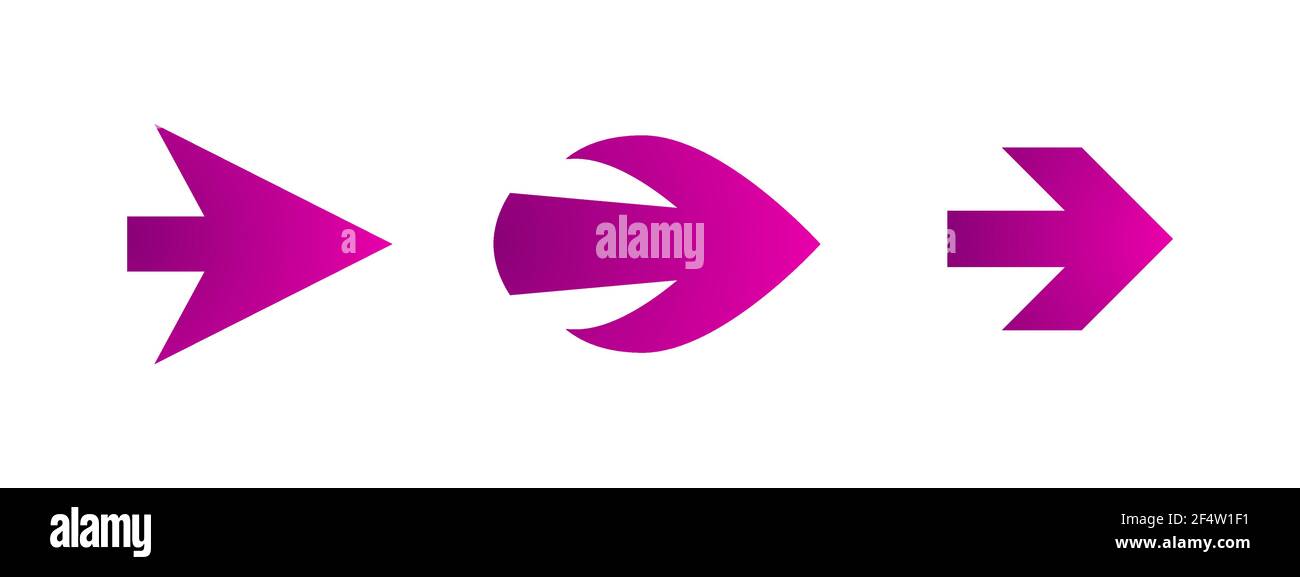 Lila Pfeil nach rechts gesetzt. Flaches Symbol isoliert auf Weiß. Symbol „Weiter“. Als nächstes drücken Sie die Eingabetaste, wischen Sie über die Schaltfläche, und blättern Sie. Pfeil nach Osten. Geometrischer Stil Stock Vektor