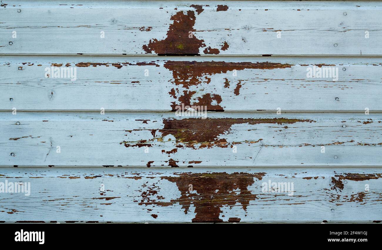 Holzpaneele mit abblätternder Farbe und brauner Farbe Darunter Nahaufnahme Stockfoto