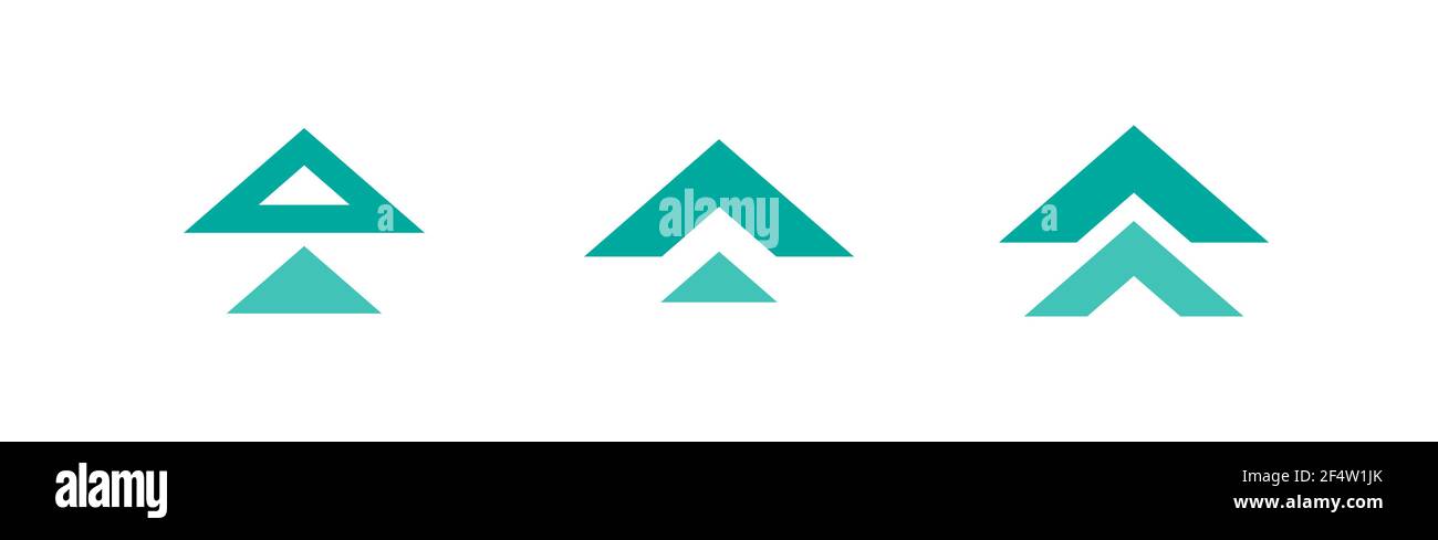 Drei blaue quadratische Pfeile nach oben Symbol. Swipe up Tasten gesetzt. Isoliert auf Weiß. Symbol „Hochladen“. Upgrade, Beschleunigung des Signals. Nach Norden zeigender Pfeil. Stock Vektor