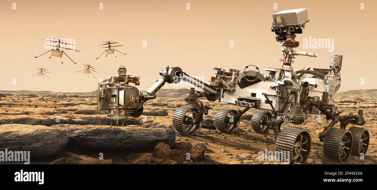 mars-Drohnen und mars-Rover Kolonisation Elemente dieses Bildes Ausgestattet von NASA 3D Illustration Stockfoto