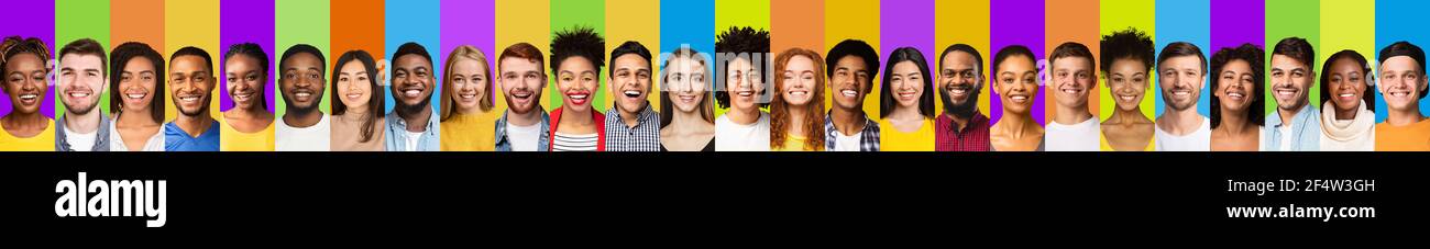 Millennials Portrait Collage, Reihe Von Lächelnden Gesichtern Über Bunten Hintergründen Stockfoto