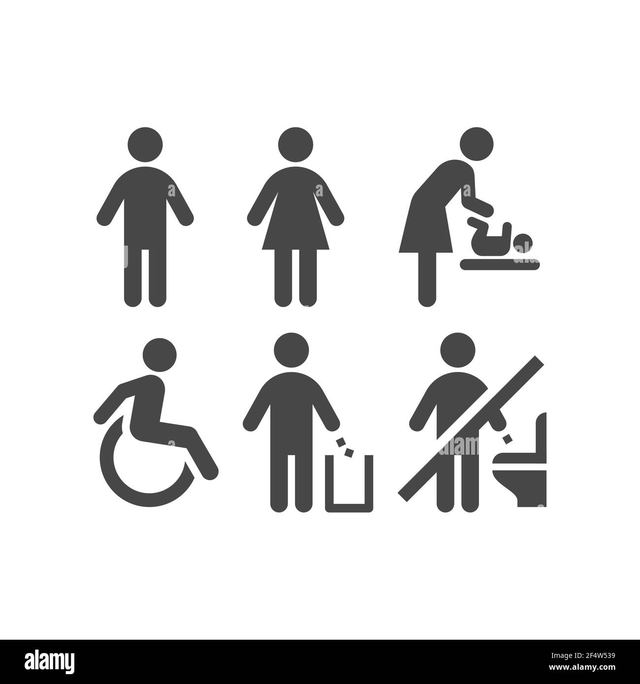 WC oder Toilette schwarz Vektor-Icon-Set. Männer, Frauen, Damen und Herren Toilettenschilder. Symbole für Behinderte und Umkleidekabinen. Stock Vektor