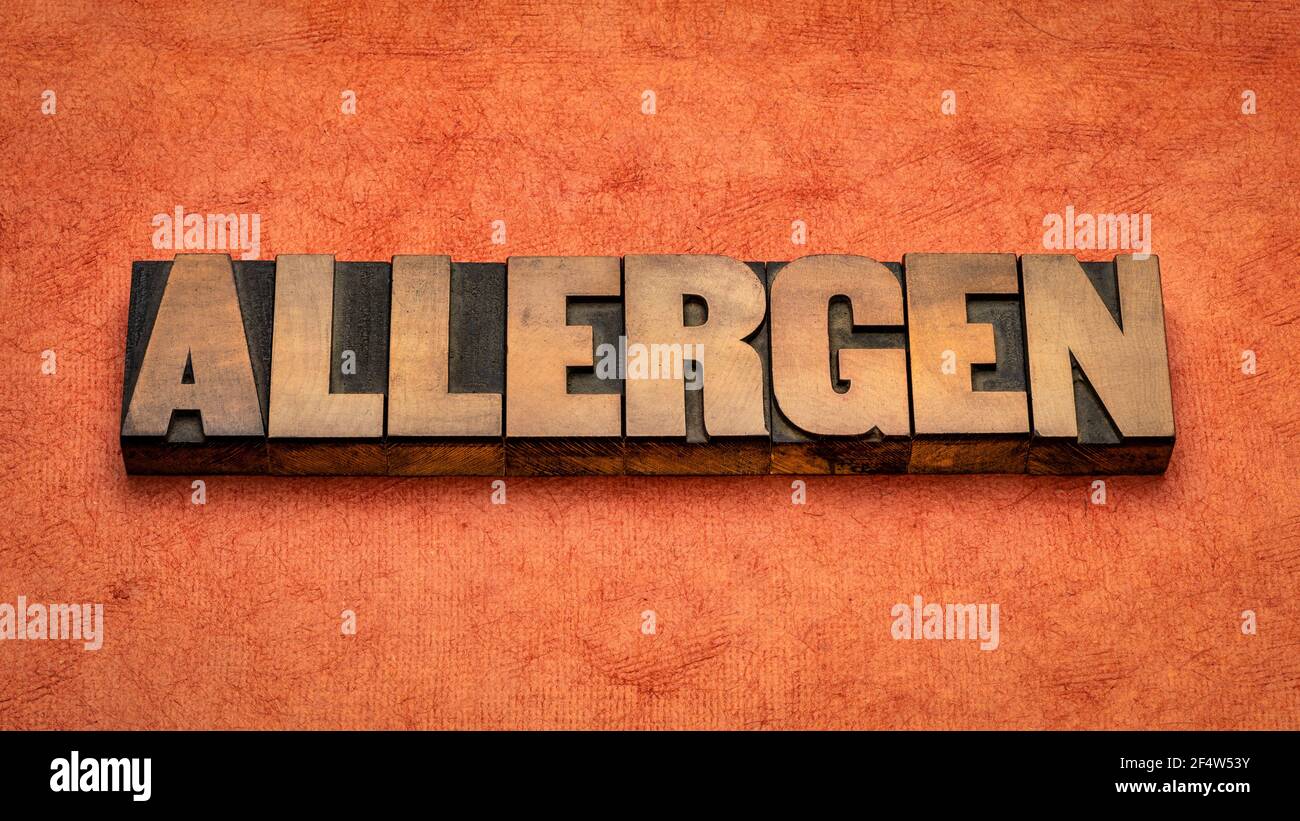 Allergen Wortabstrakt in Vintage Buchdruck Holzart, eine Substanz, die eine allergische Reaktion verursacht. Stockfoto