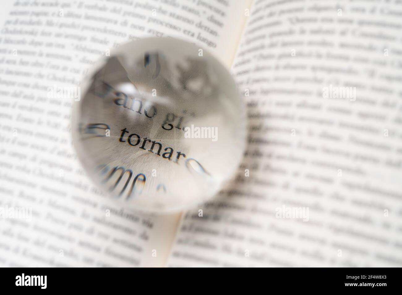 Eine Glaskugel auf einem offenen Buch Stockfoto