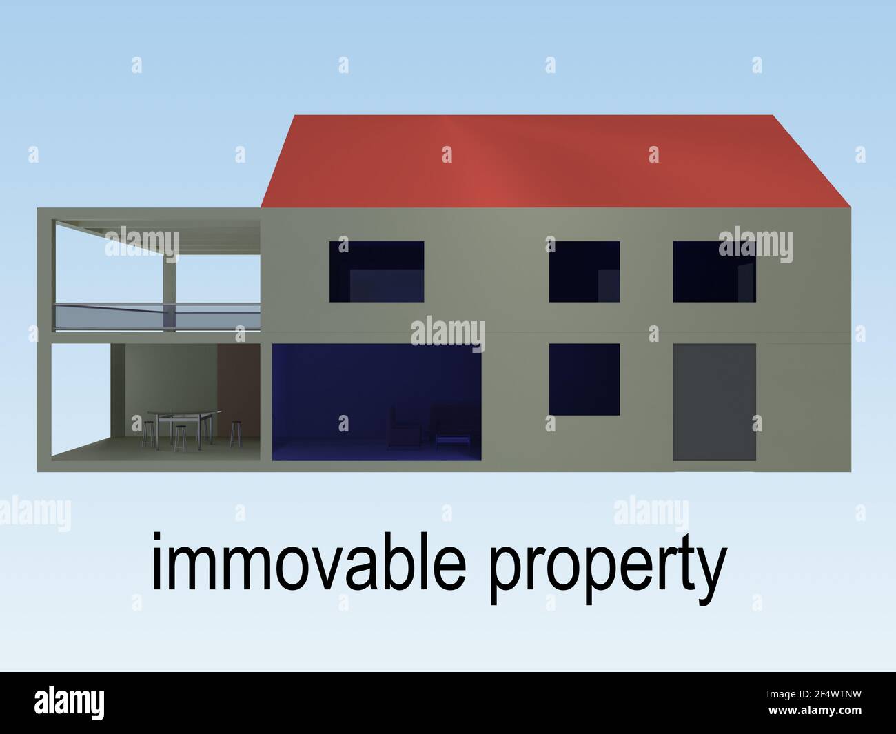 3D Darstellung des Hauses mit der Schrift unbewegliches Grundstück darunter, isoliert über hellblauem Gradienten. Stockfoto