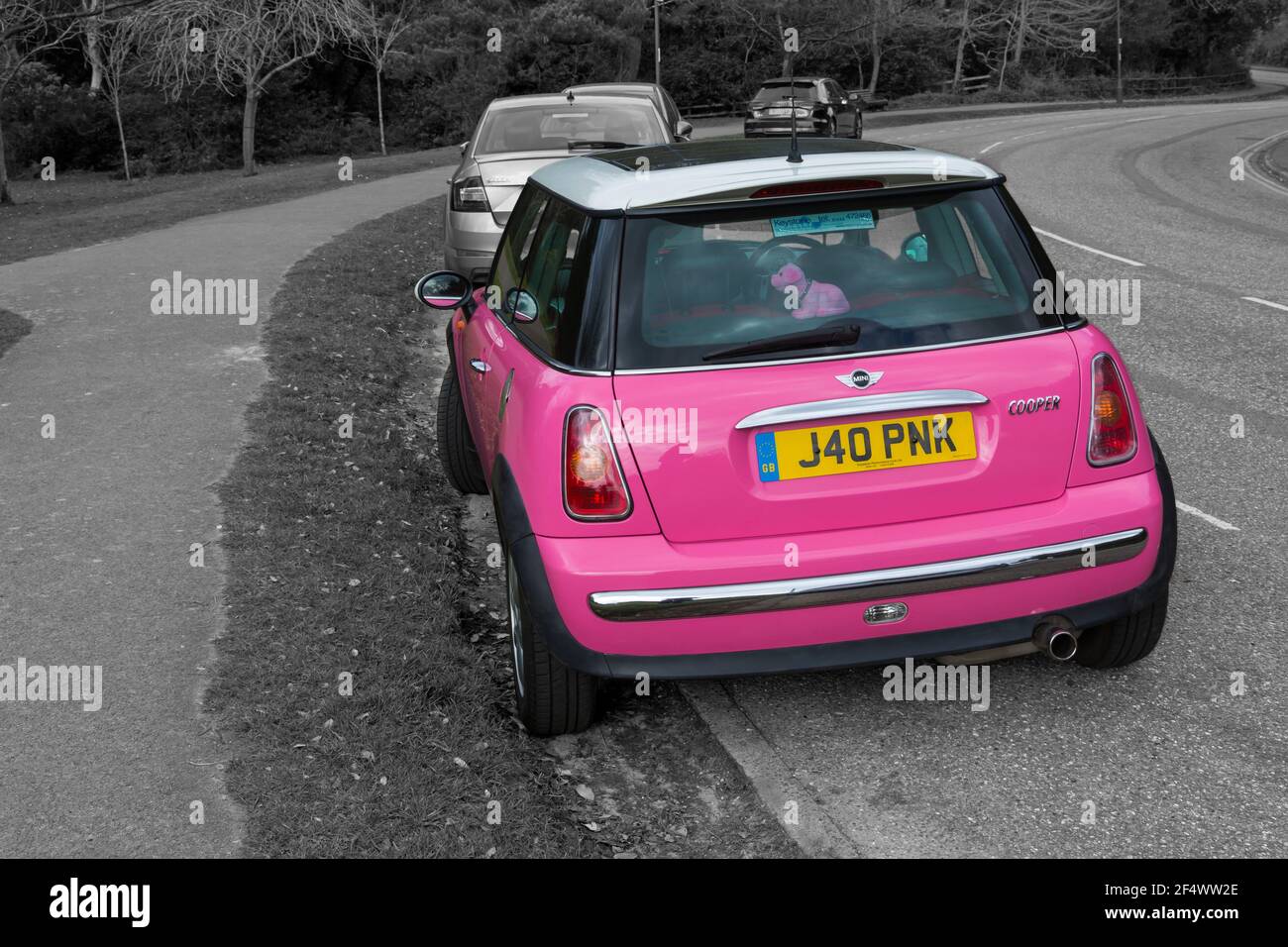 Pink Mini Cooper Auto mit personalisiertem Nummernschild, Kennzeichen, geparkt in der Straße in Bournemouth, Dorset UK im März Stockfoto