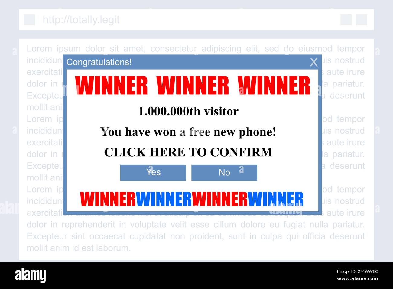 Millionster Besucher gefälschte Gewinner Pop-up-Fenster. Popup-Banner für  schädliche Online-Werbung. Virusgefahr Stock-Vektorgrafik - Alamy