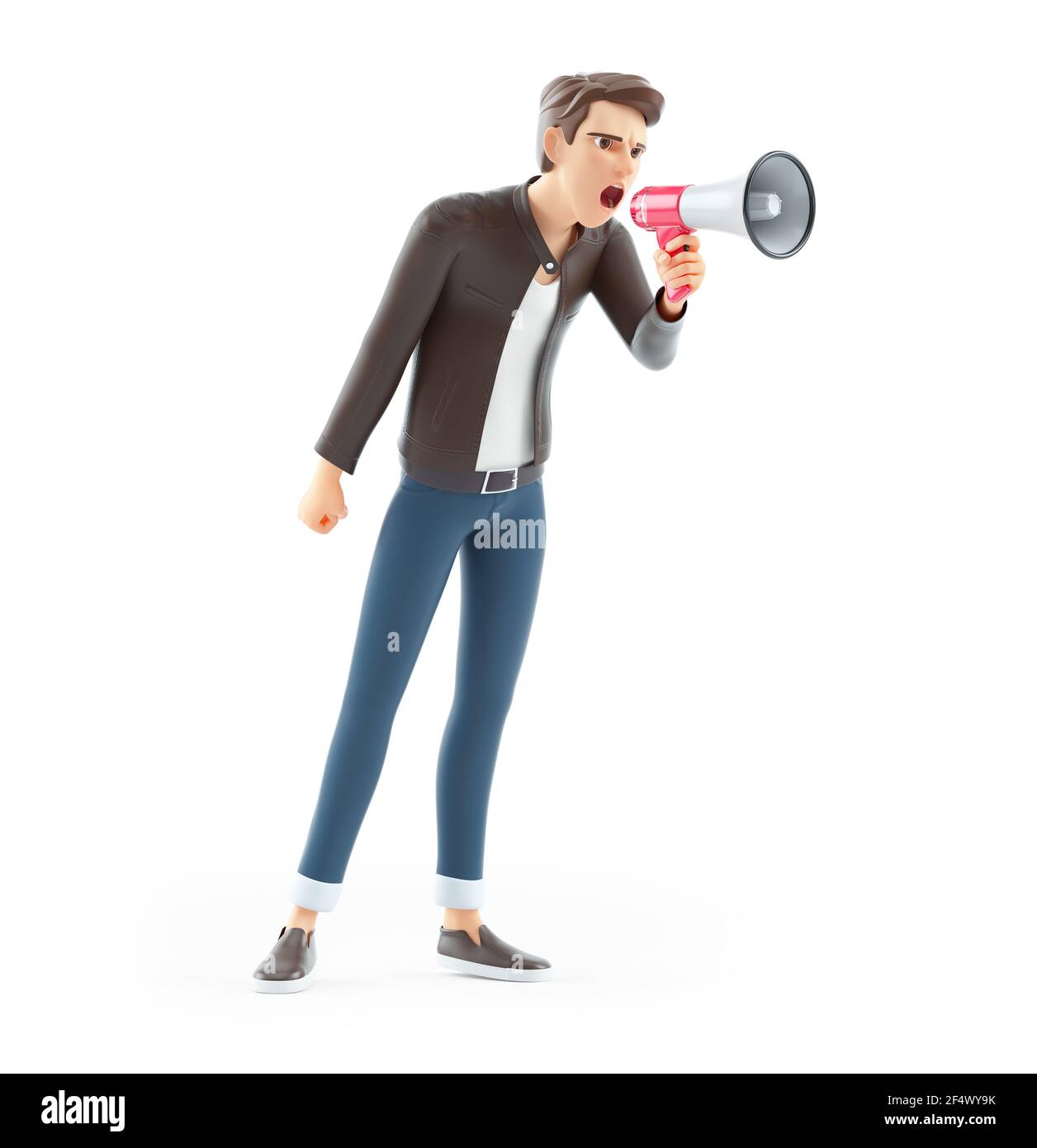 3D Zeichentrickfilm Mann schießen durch Megaphon, Illustration isoliert auf weißem Hintergrund Stockfoto