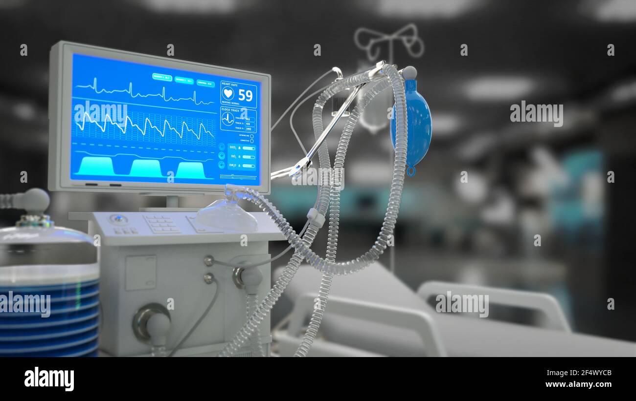 cg Medical 3D Illustration, medizinischer Beatmungsgerät auf der Intensivstation im Krankenhaus Stockfoto