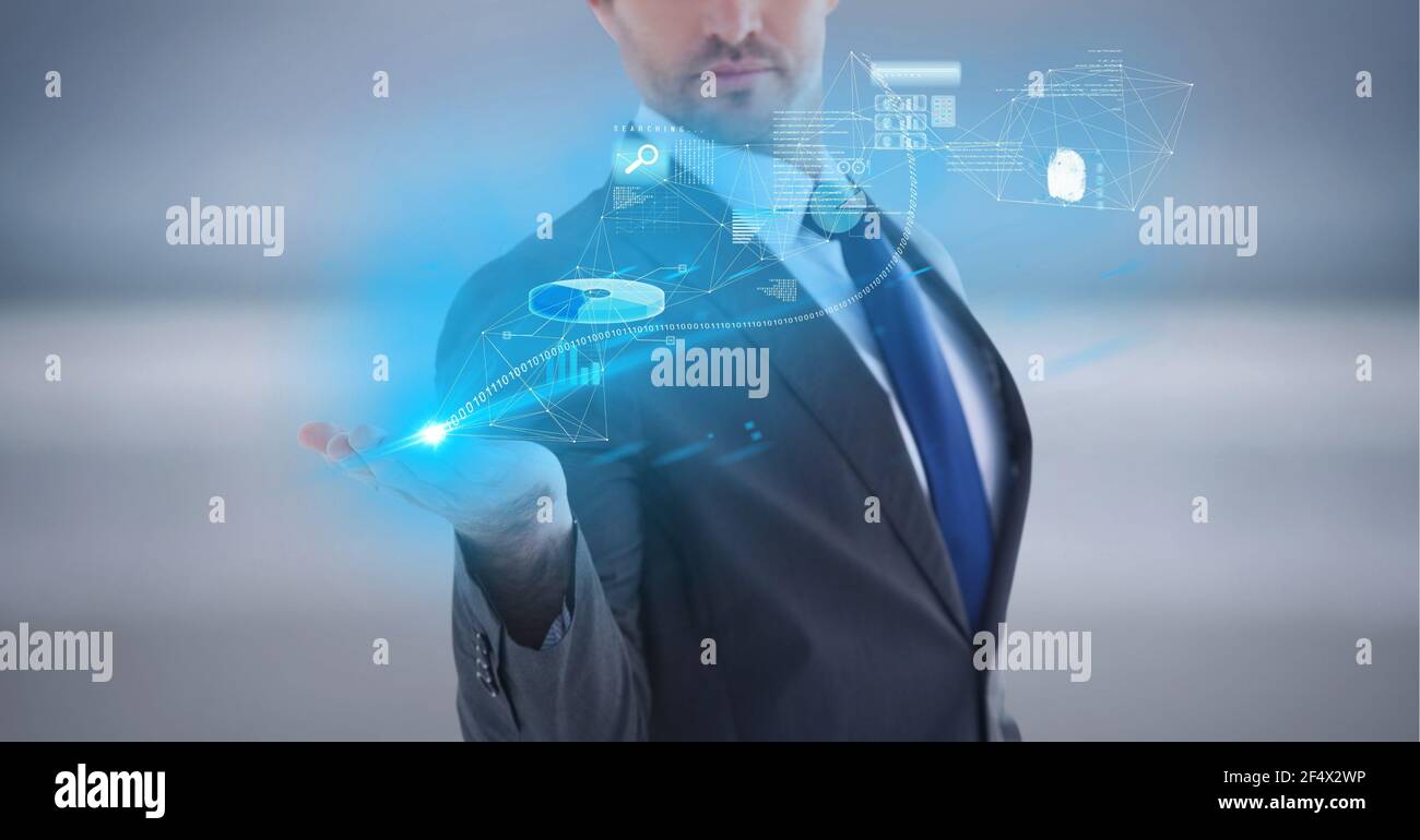 Aufbau des Netzwerks von digitalen Symbolen und Datenverarbeitung über Hand des Geschäftsmannes Stockfoto