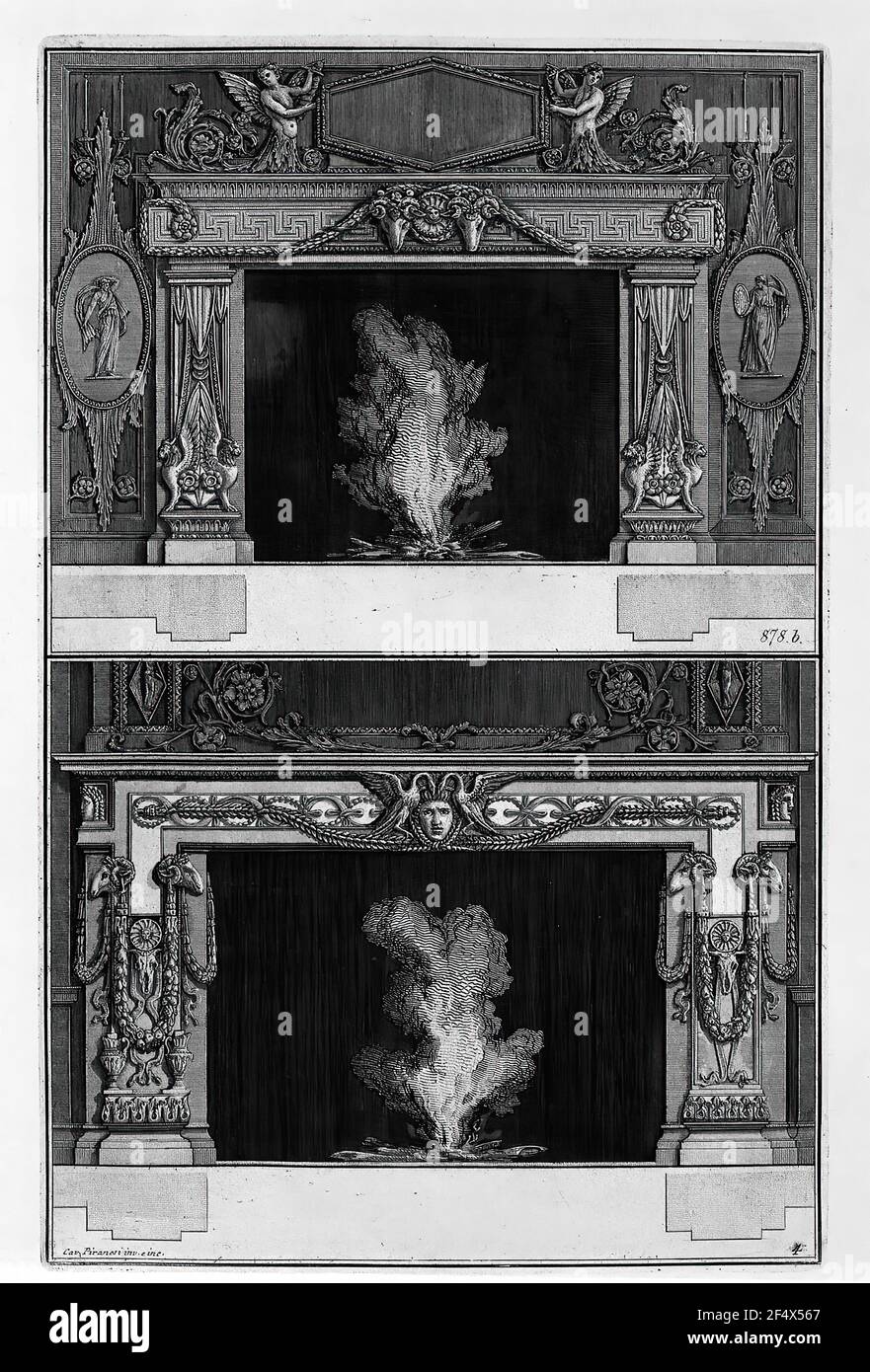 Giovanni Battista Piranesi - zwei Kamine überlappen Inf mit Medus Köpfe zwischen zwei Schweinen mit Zuschl Stockfoto