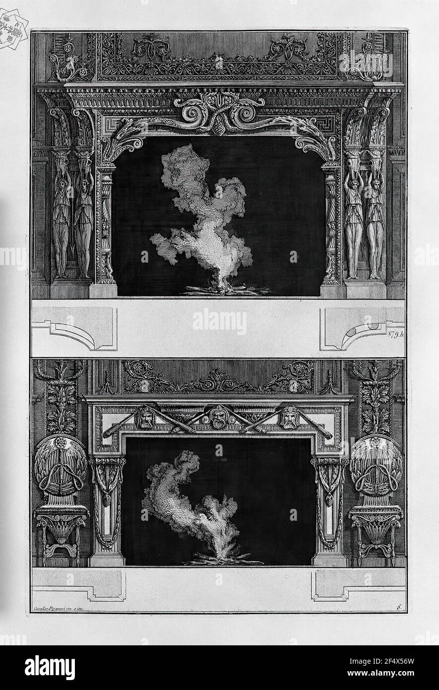 Giovanni Battista Piranesi - zwei Kamine überlappen tragische Masken mit 3 Inf verbundene Taschenlampen mit Zuschl Stockfoto