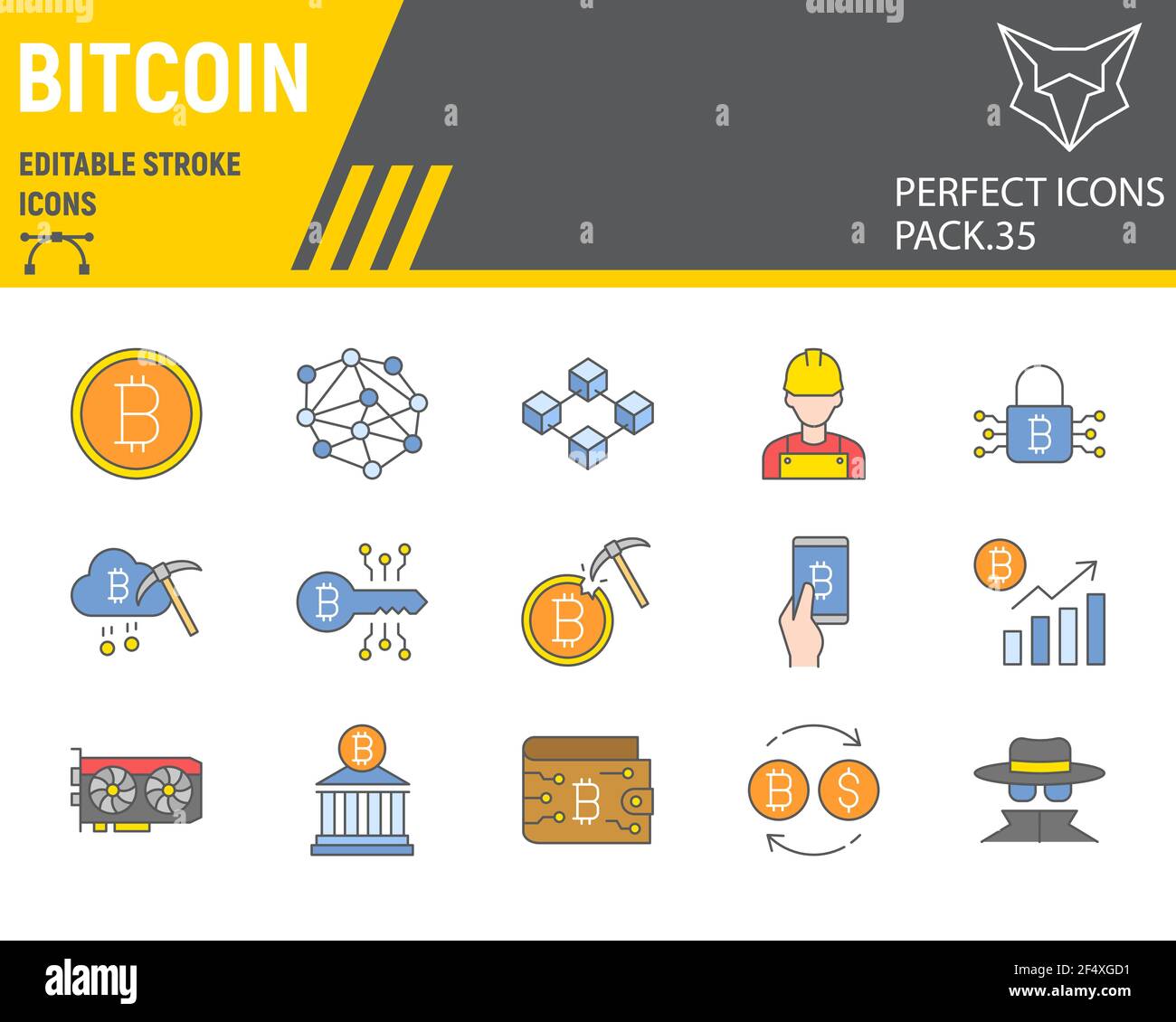 Bitcoin Color Line Icon Set, Blockchain Collection, Vektorgrafiken, Logo Illustrationen, Bitcoin Vektor Icons, Kryptowährungszeichen, gefüllte Umrisse Stock Vektor