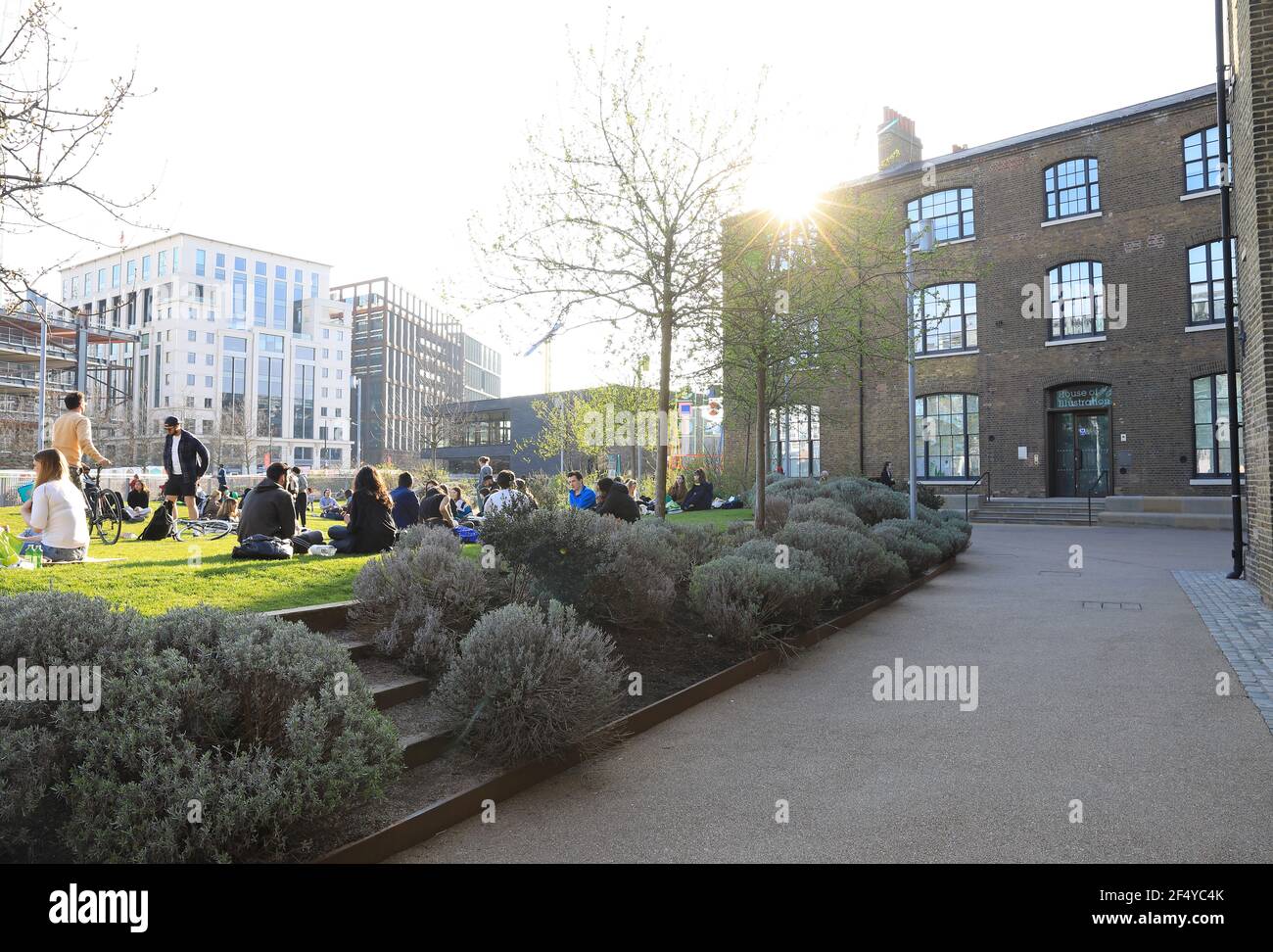 Wharf Road Gardens in der Frühlingssonne am Granary Square, in Kings Cross, London, Großbritannien Stockfoto