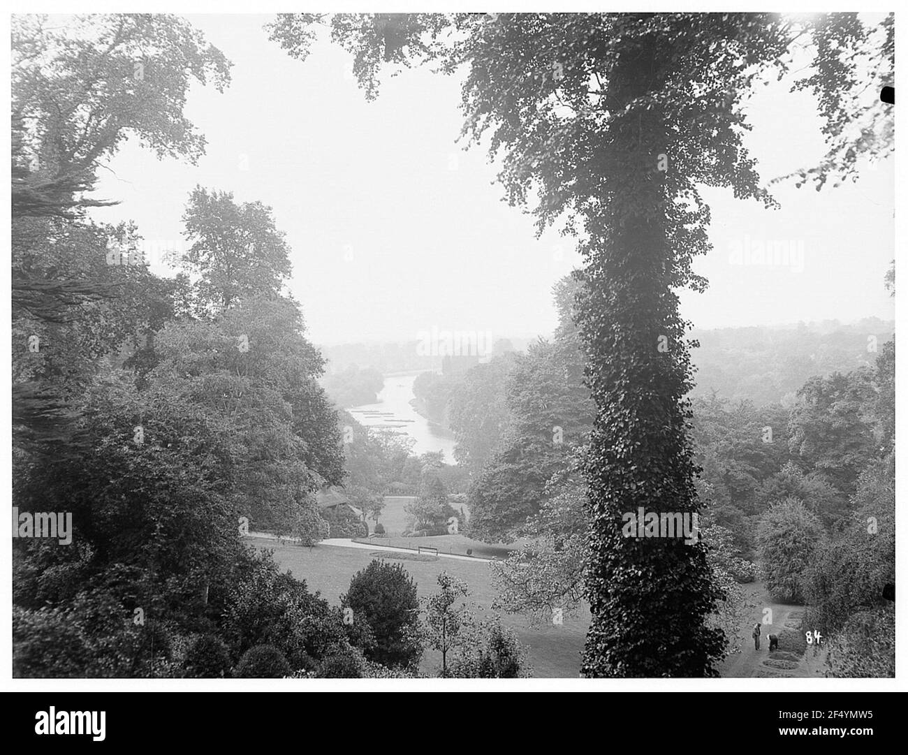 Hampton Court (Londonise). Blick auf die Gärten vom Hampton Court über der Themse Stockfoto