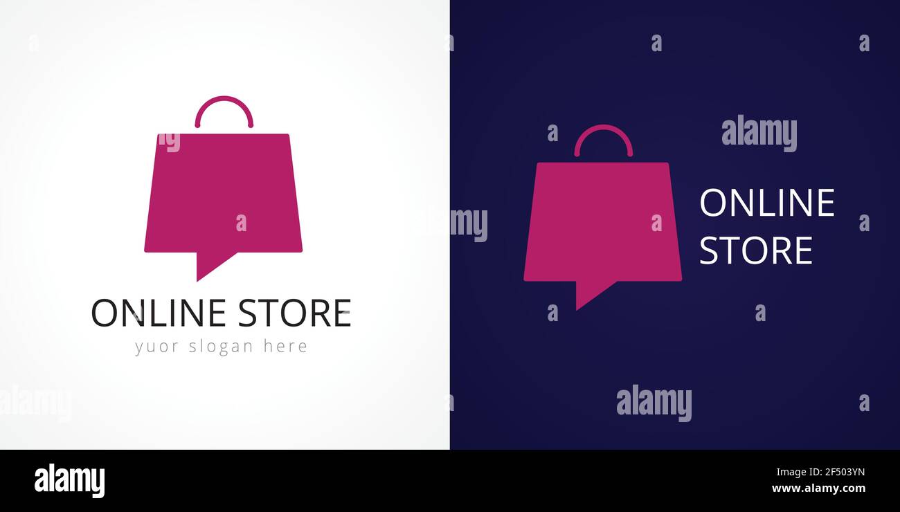 Online-Shops Logo Konzept. Lila farbige isoliert Luxus-Logo des Einkaufszentrums in Form von sprechenden Handtasche. Fashion City, Einkaufstasche. Ist Stock Vektor