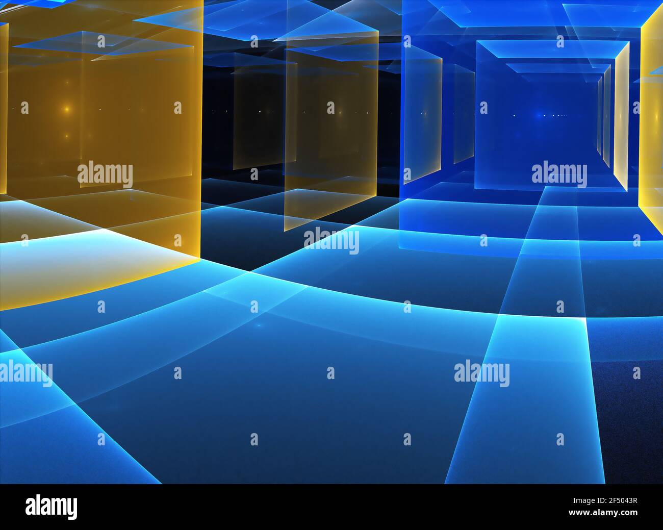 In blau ist ein technologisch strukturierter Hintergrund ein 3D Fraktal Rendering. Stockfoto
