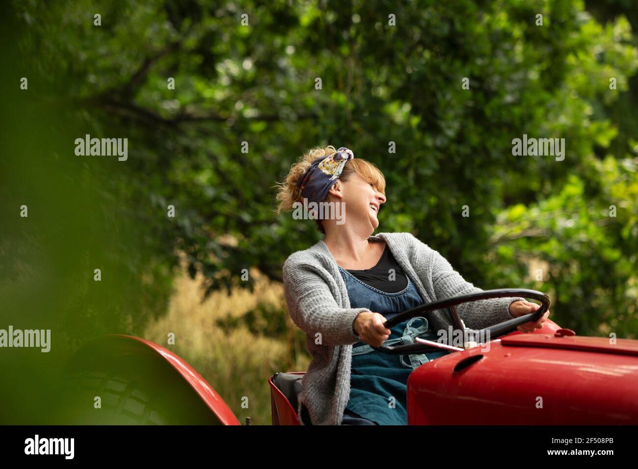 Glückliche Frau fahren Traktor in Obstgarten Stockfoto