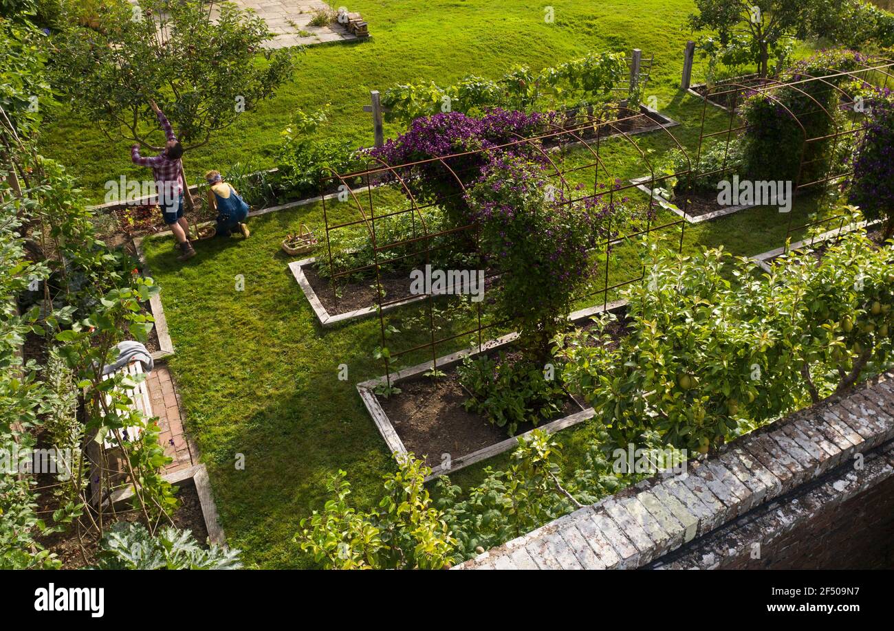 Paar Gartenarbeit in üppigen Sommergarten mit erhöhten Betten Stockfoto