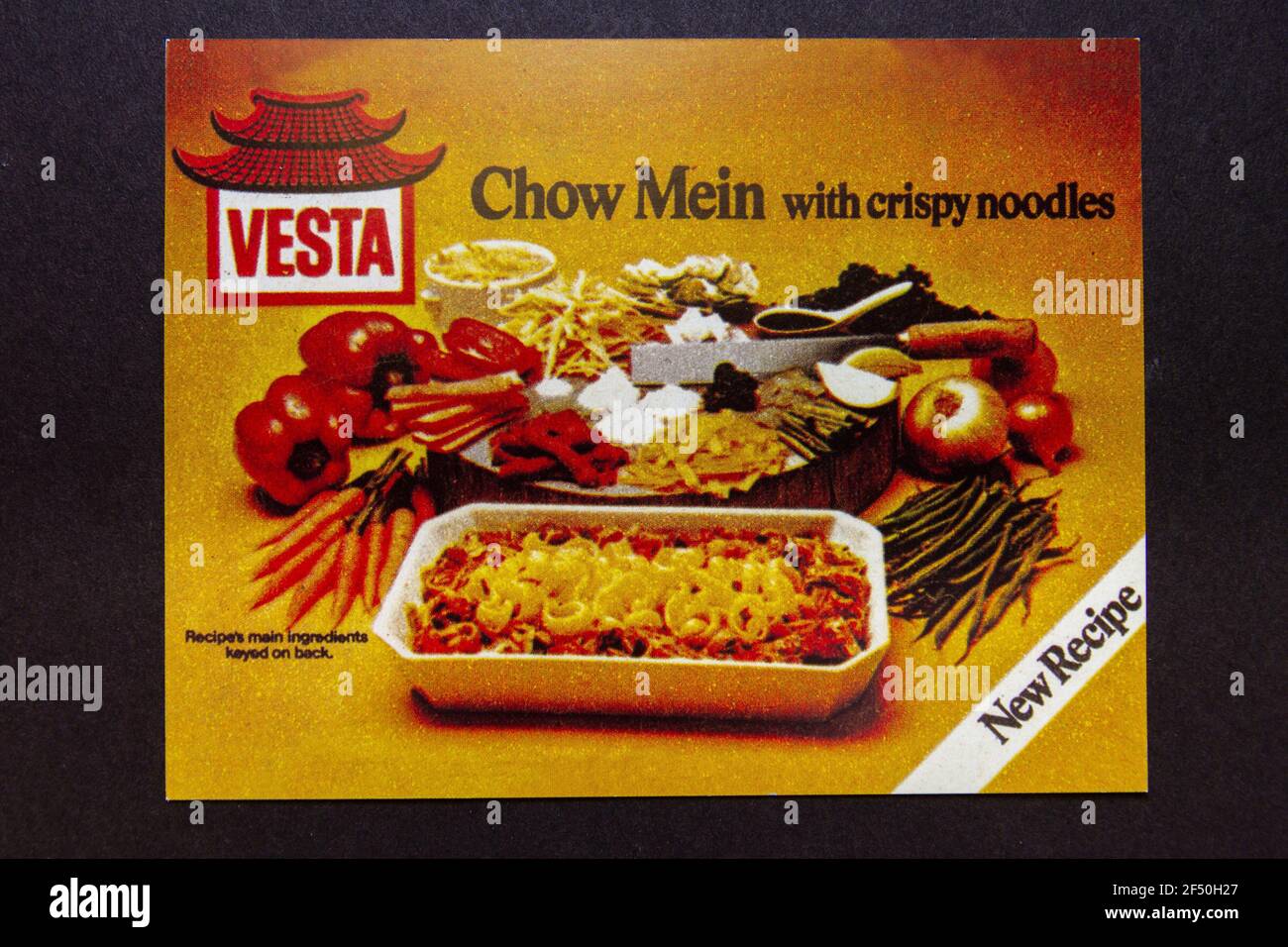 Eine nachgebaute Anzeige des Vesta Chow Mein Trockengericht, Teil eines Erinnerungspakets aus den 1970er Jahren. Stockfoto