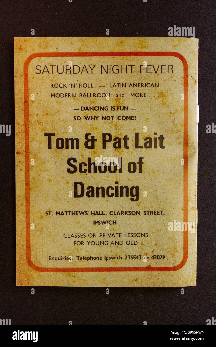 Eine Replik EMI Preview Booklet lokale Anzeigenseite für die Tom & Pat Lait School of Dancing, Teil eines Schuleindruckpakets aus den 1970er Jahren. Stockfoto