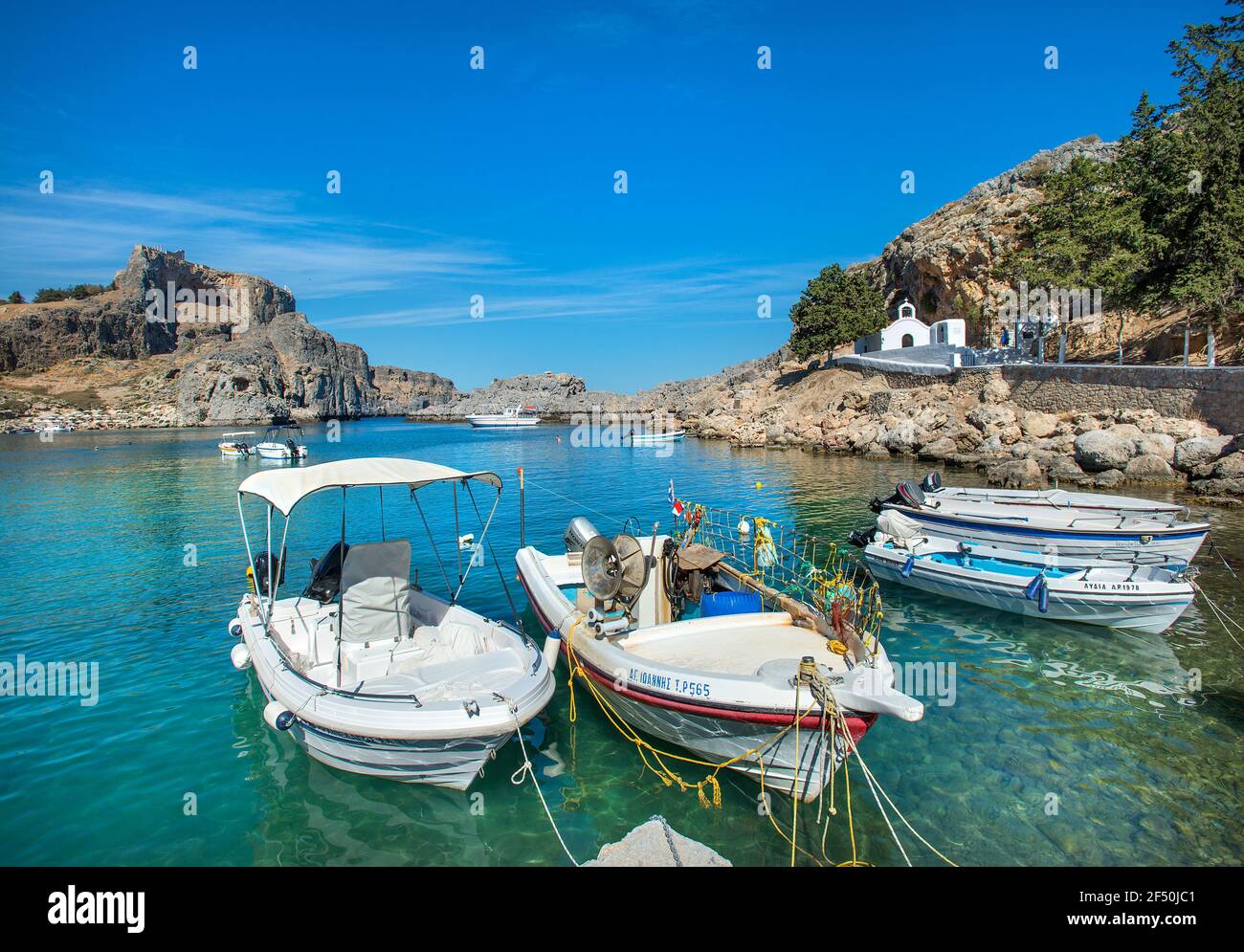 St Pauls Bay, Lindos, Rhodos, Griechenland Stockfoto