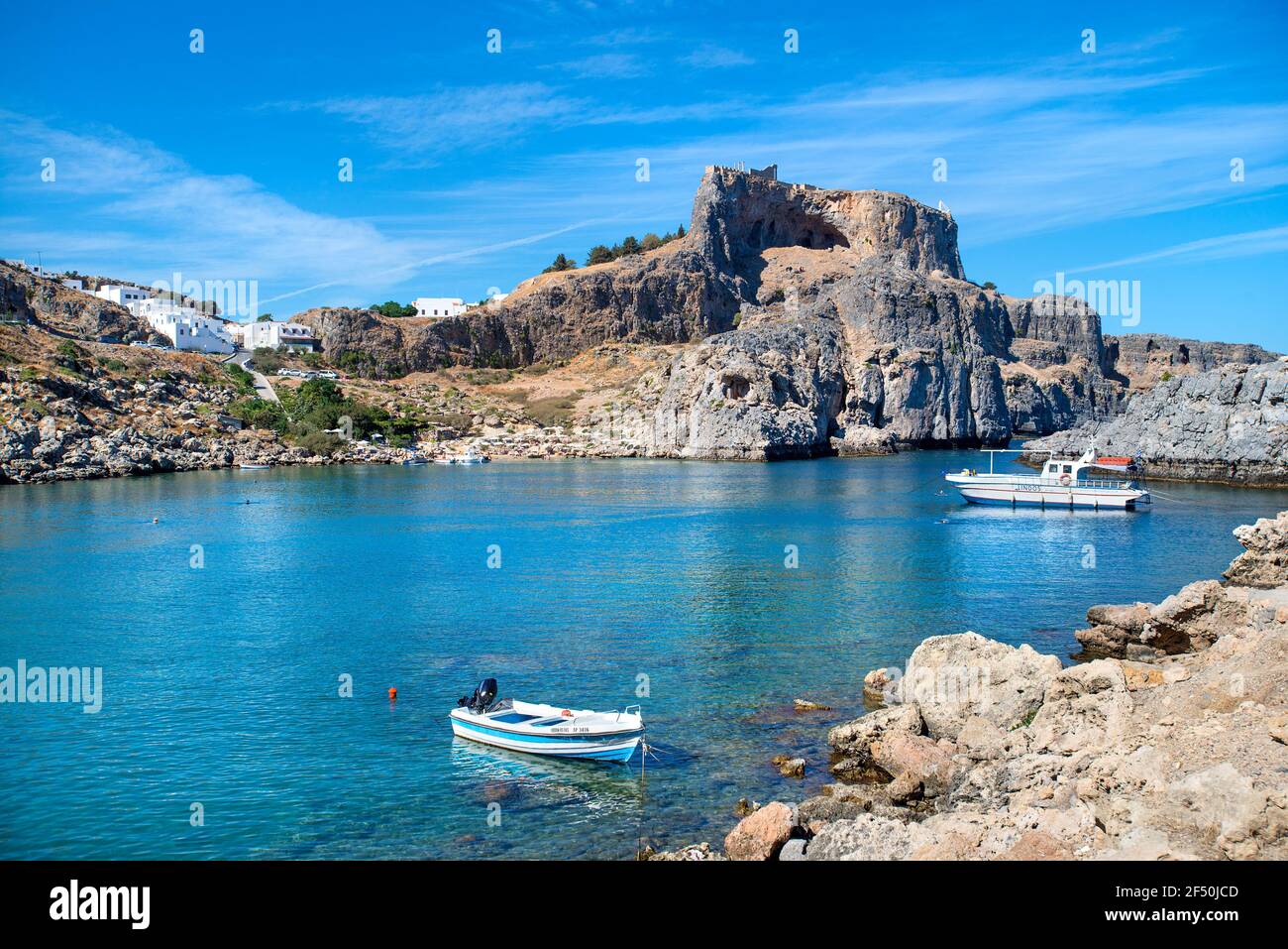 St Pauls Bay, Lindos, Rhodos, Griechenland Stockfoto