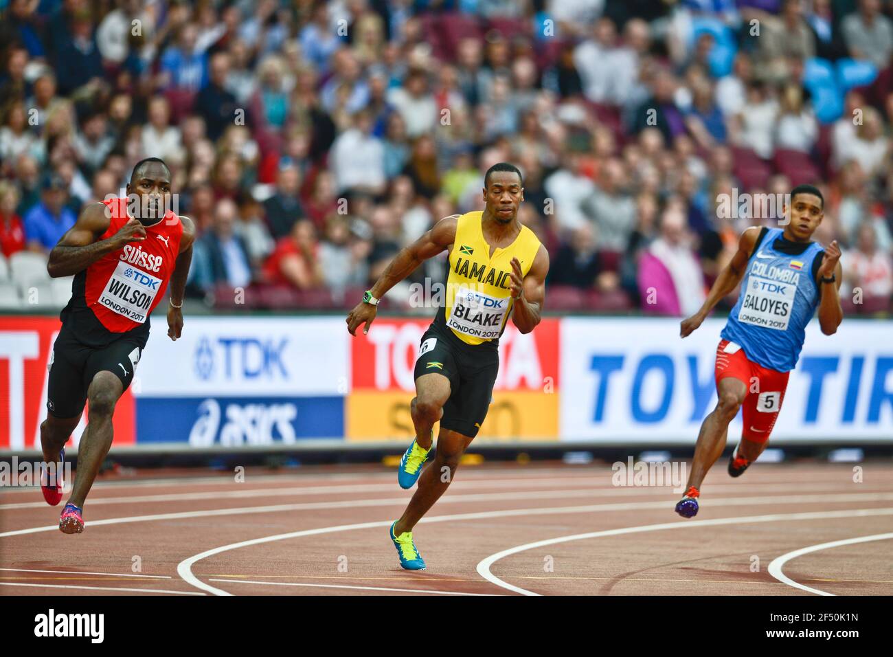 Yohan Blake (Jamaika), Alex Wilson (Schweiz), Bernardo Baloyes (Kolumbien). 200 Meter Männer, heizt. IAAF World Championships London 2017 Stockfoto