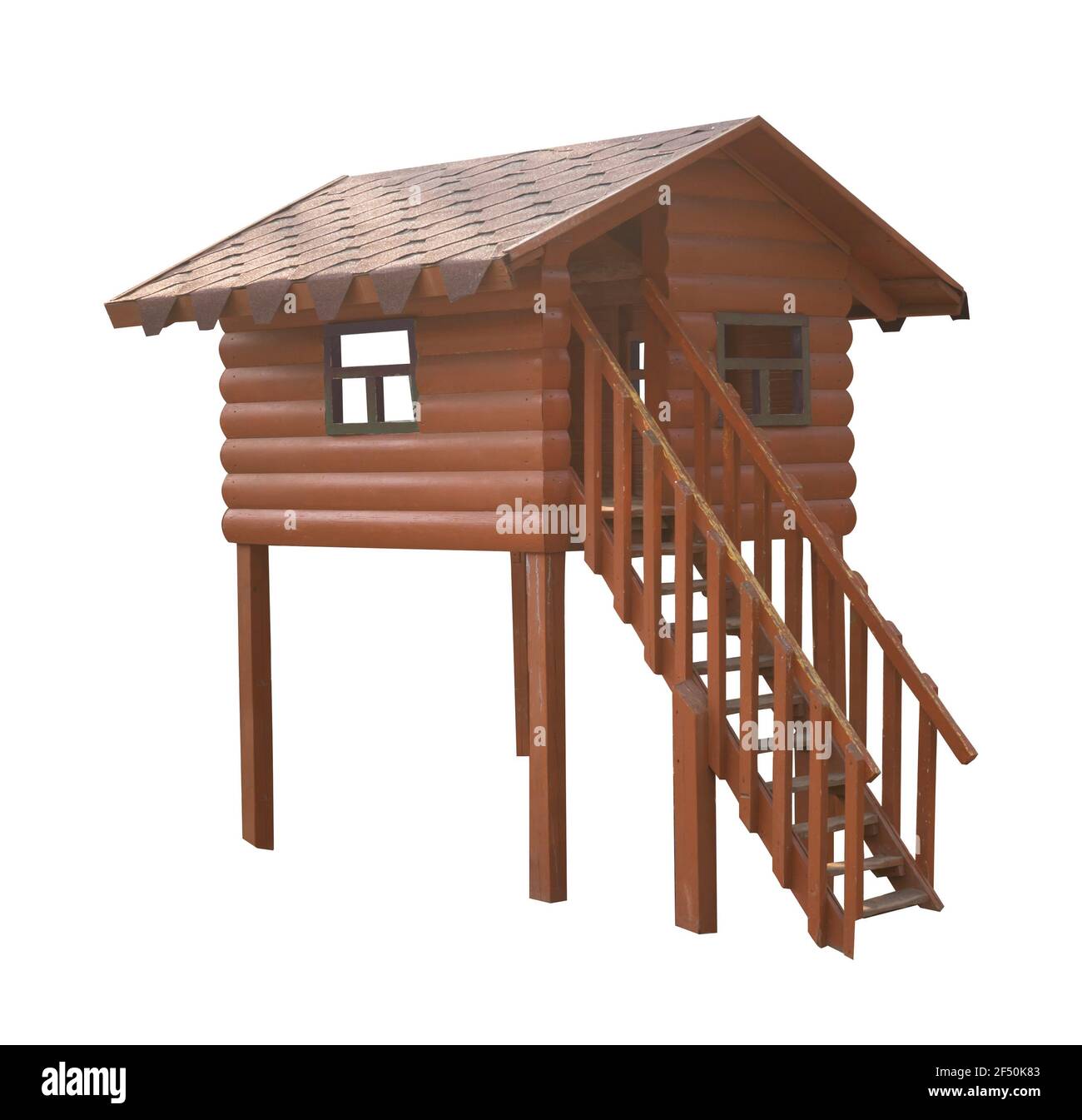 Kleines Holzhaus mit einer Leiter auf weißem Hintergrund Isoliert Stockfoto
