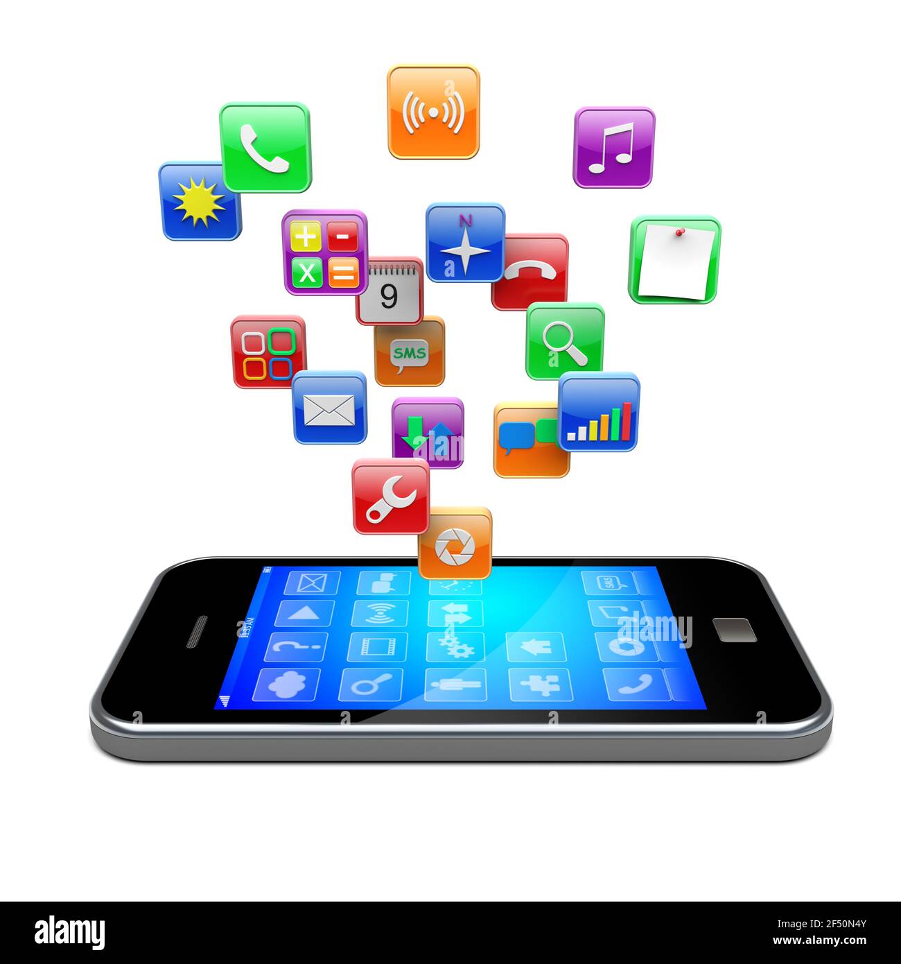 Handy-Smartphone mit Software-Apps-Symbole. 3D Bild Stockfoto