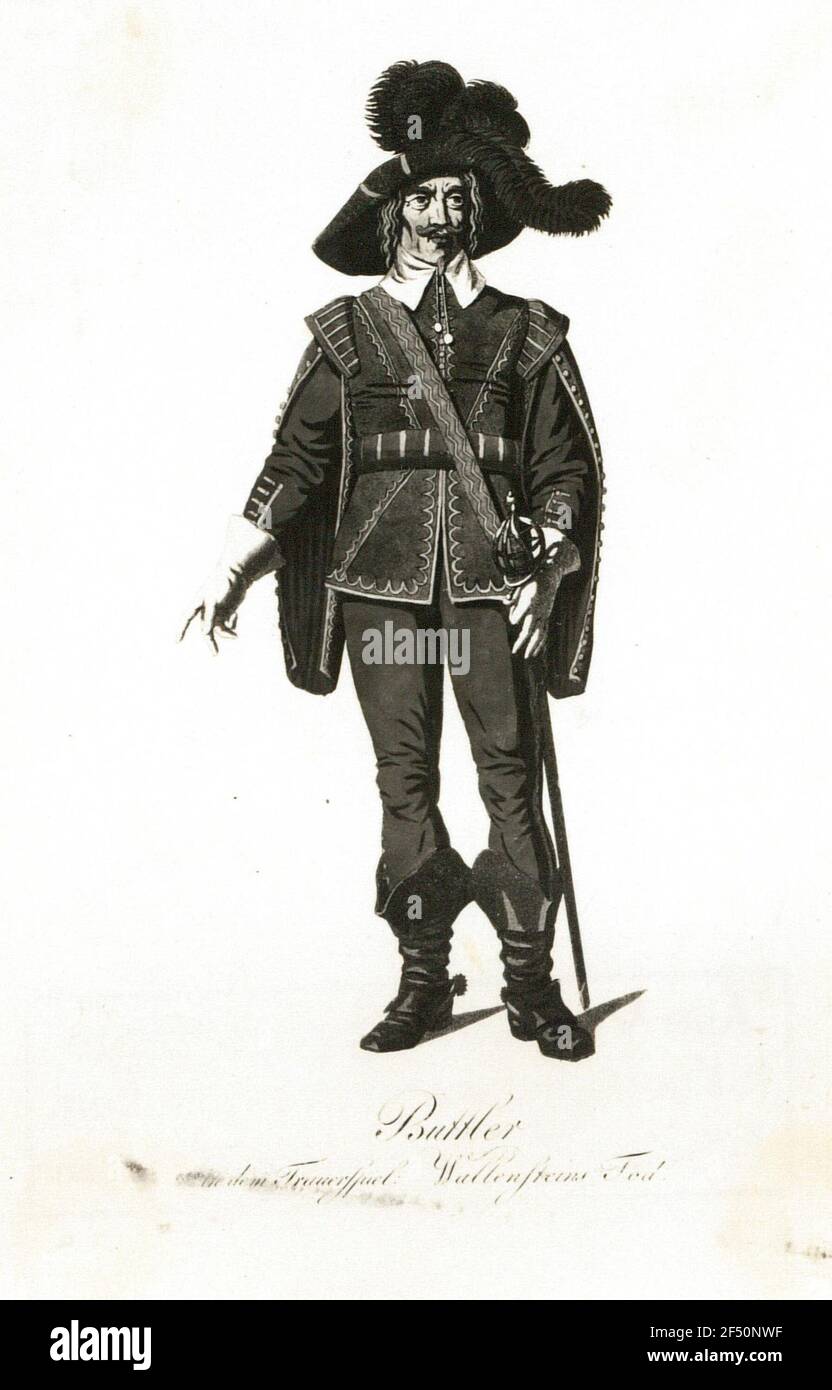 Theaterkostüm 'Buttler im Tragödienspiel Wallensteins Tod' (Farbstich, 24,6 x 16,3 cm). Aus: Kostüme aus dem Königlichen Nationaltheater Berlin, Berlin 1808 Stockfoto