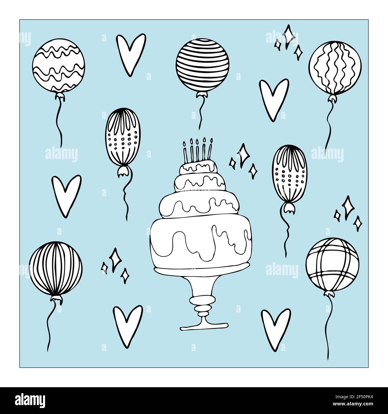 vector Set Geburtstag mit Kuchen und Ballons mit Lametta Stockfoto
