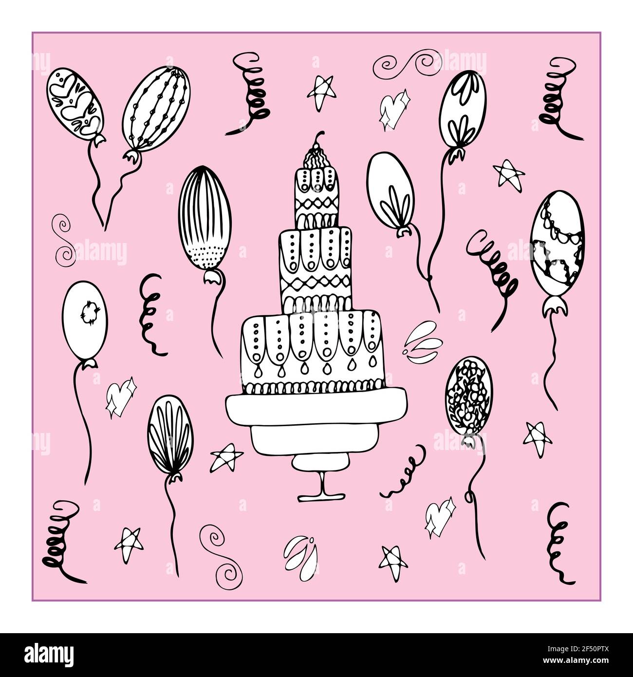 vector Set Geburtstag mit Kuchen und Ballons mit Lametta Stockfoto