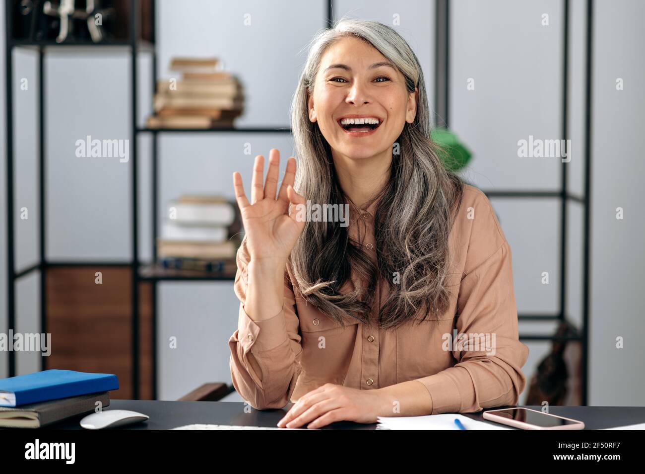 Fröhliche schöne selbstbewusste grauhaarige asiatische Frau, Freiberufler, Geschäftsdame, Manager, chatten auf einem Videoanruf, führt Online-Briefing mit Kollegen oder Freunden, gestikulieren mit ihrer Hand, lächelnd Stockfoto