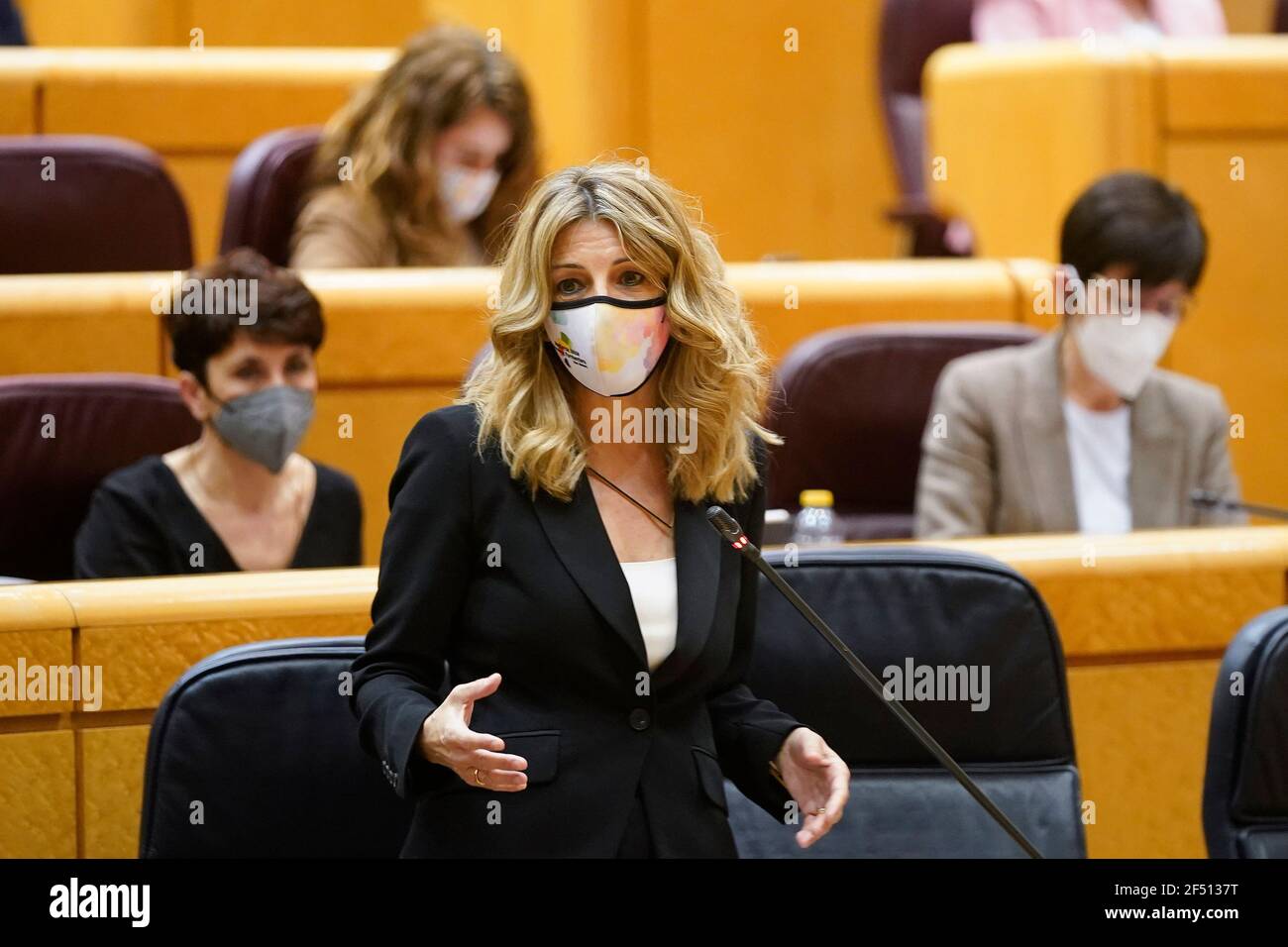 Madrid, Spanien; 23,03.2021.- die Arbeitsministerin der spanischen Regierung Yolanda Díaz sagte heute im Senat, dass der Arbeitsmarkt in Spanien miserabel sei: Prekär und vorübergehend sowie marginalisiert - mit jungen Menschen, mit Frauen, mit Menschen über 45 Jahren. Sie basiert auf dem am 14. März 1980 verabschiedeten Statut der Arbeitnehmer. Seitdem wurden mehr als 50 Updates durchgeführt. Keiner von ihnen hat die endemische staatliche Arbeitslosigkeit gelöst. In einem Auftritt von fast drei Stunden vor dem Kongress-kommission.der Minister ist der Vorschlag, den Platz zu besetzen, dass der zweite Vizepräsident P Stockfoto