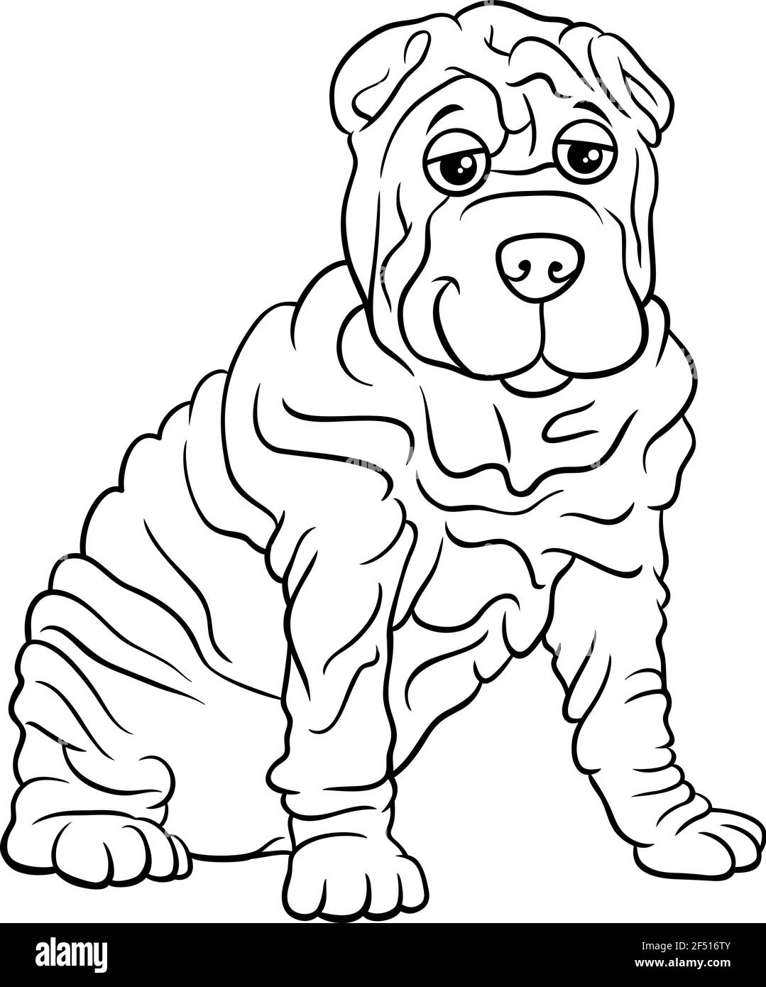 Schwarz-Weiß-Cartoon-Illustration von Shar Pei reinrassigen Hund Tier Charakter Färbung Buch Seite Stock Vektor