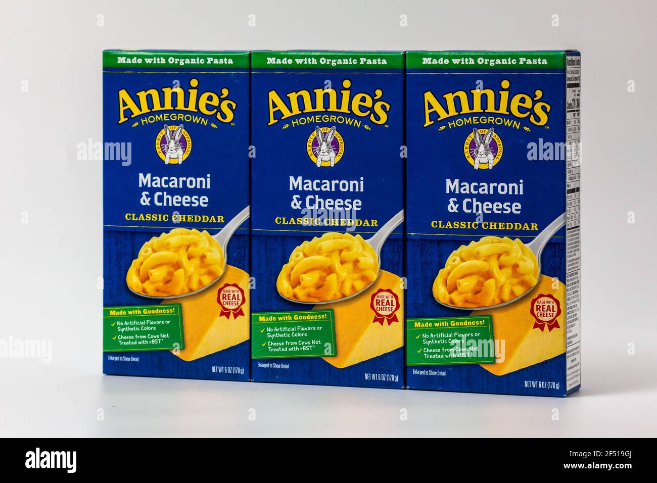 ST. PAUL, MN, USA - 9. MÄRZ 2021 - Annie's Homegrown Macaroni und Käseverpackungen und Markenlogo. Stockfoto
