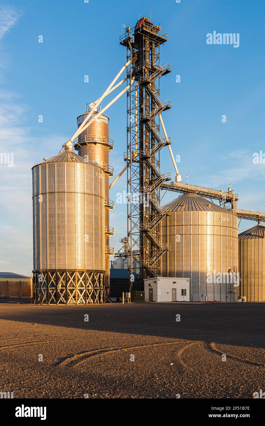 Lagerkomplex für landwirtschaftliche Lieferungen im goldenen Licht des Abends Im Osten von Washington, in der Nähe von Othello Stockfoto