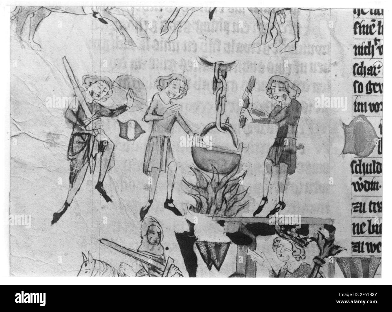 Drei Arten des Gerichts Gottes (der Kämpfer vor Gericht, der Mann ergreift den Mann, der im wandelnden Kessel schwört und schwört mit der rechten Hand, dem Versorger, der das glühende Eisen in seinen Händen trägt). Illustration aus dem sächsischen Spiegel der Eike von Repgow. Frühling, laviert, um 1350. Dresden: Slub Mscr,32.J,54D (Faksimile, Tabelle 26, Seite 13B, Zuschnitt) Stockfoto