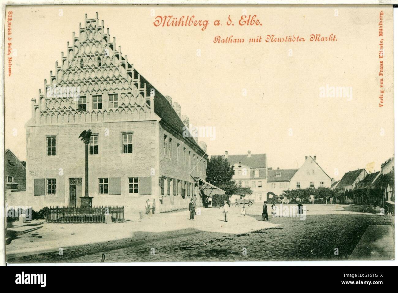 Rathaus mit Neustädter Markt Mühlberg an der Elbe. Rathaus mit Neustädter Markt Stockfoto