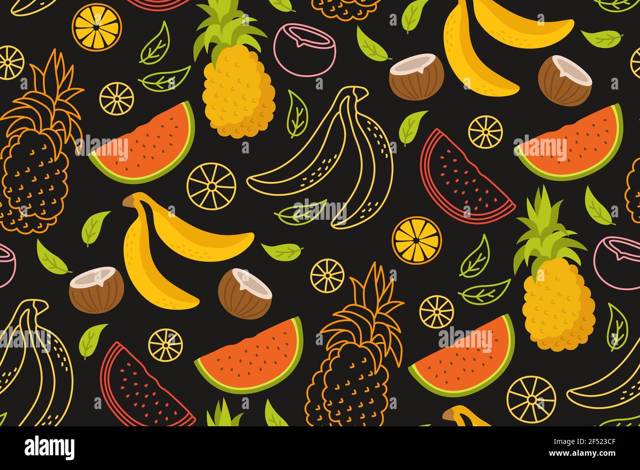 Frucht Cartoon Nahtlose Muster Banana Kokosnuss Wassermelone Orange Ananas Tapete Tropischen Sommer Textur Susses Essen Comic Handgezeichnete Hawaii Fruit Textur Entwerfen Sie Eine Isolierte Vektordarstellung Stock Vektorgrafik Alamy