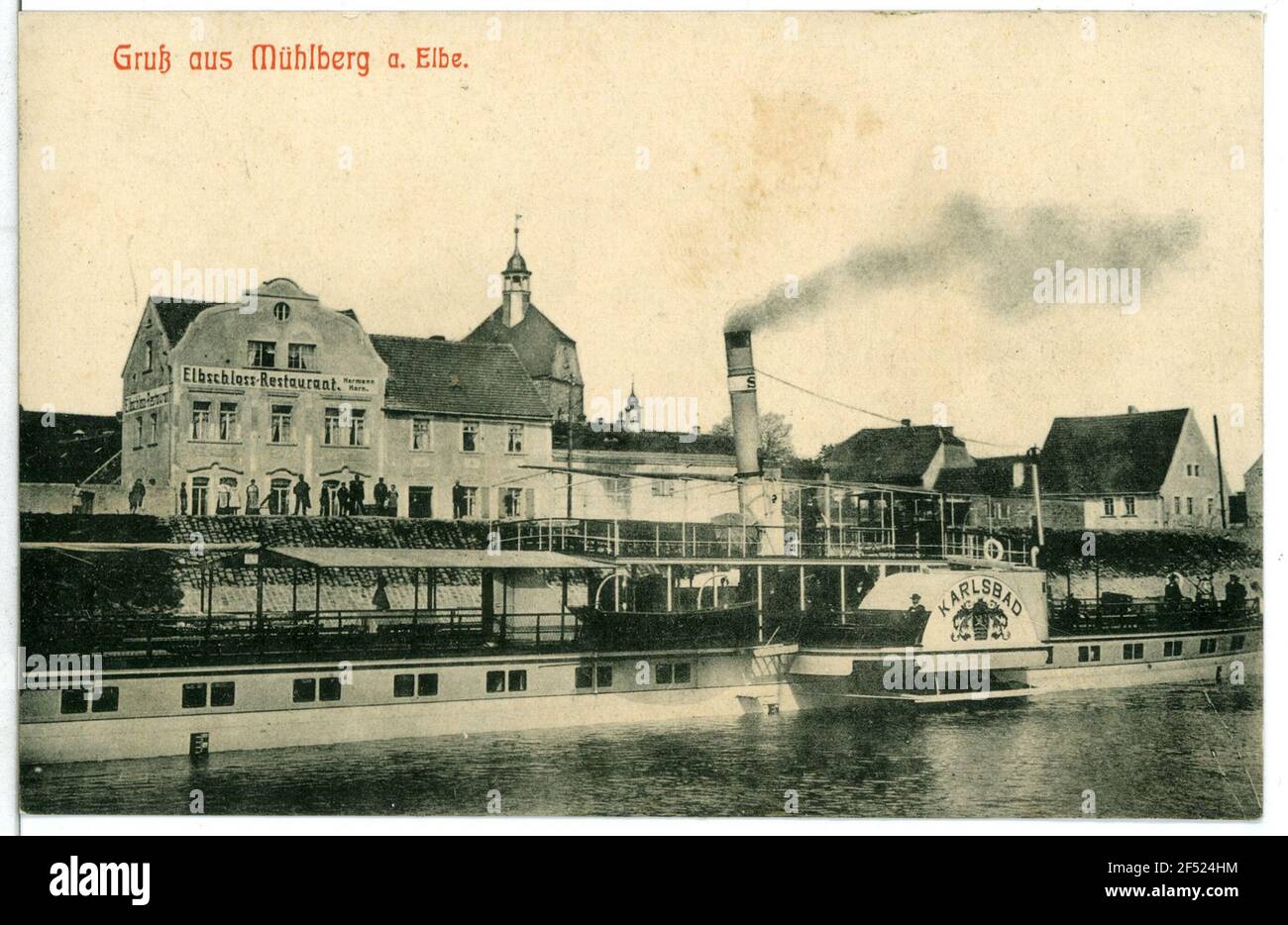 Elbe Schloss Restaurant und Dampfer Carlsbad Mühlberg. Elbe Schloss Restaurant und Dampfer "Karlovy Vary Stockfoto