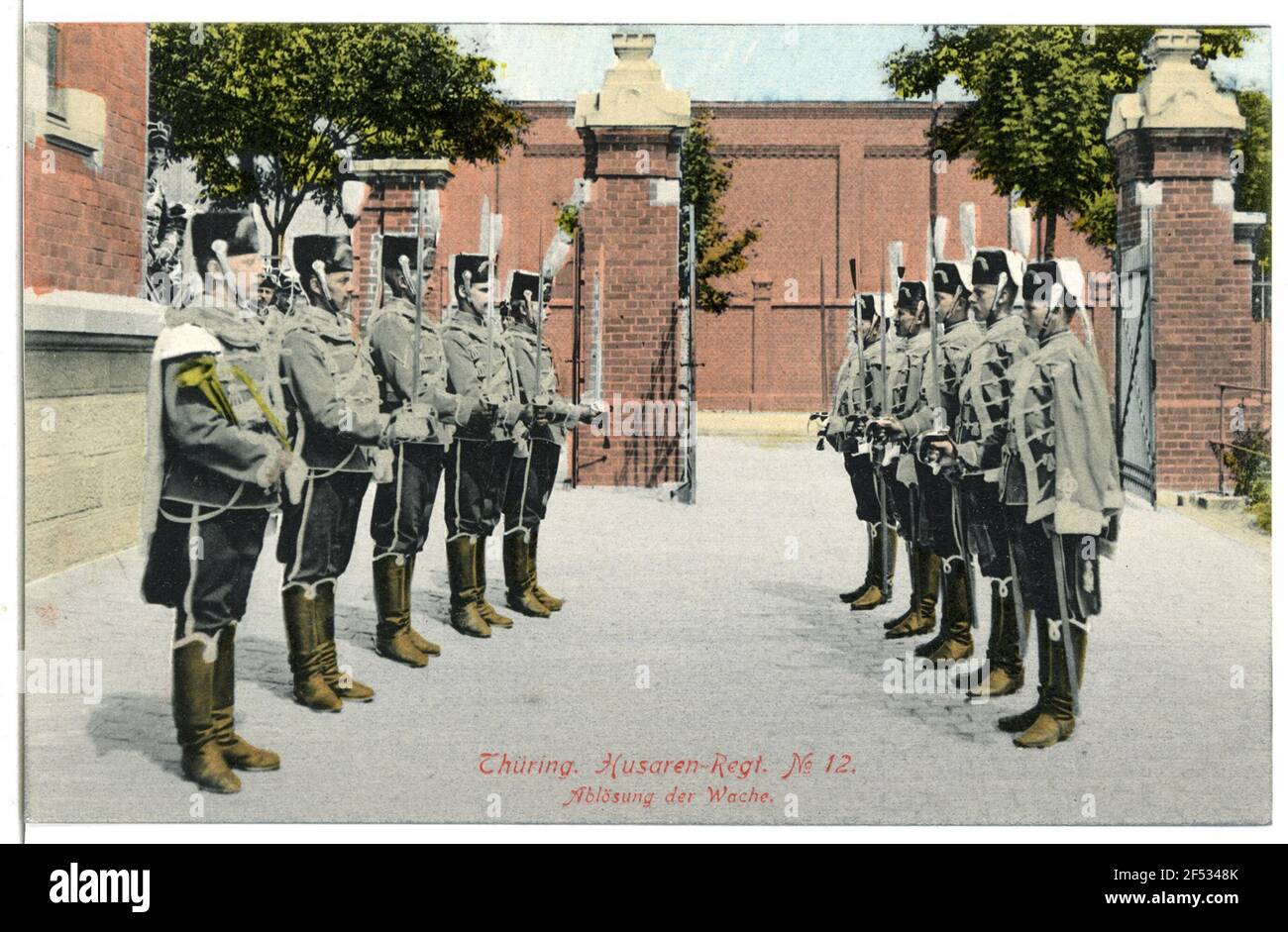 Thüringer Husarenregiment Nr. 12 - Ersatz der Garde Torgau. Thür.-Hus.-Regin. No,12 - Ablösung d. Wache Stockfoto